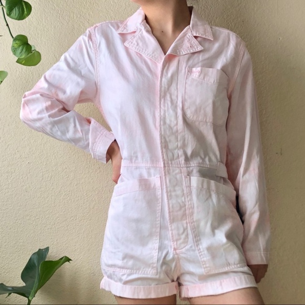 NWOT Pink Tie Dye Long Sleeve Jean Romper/Jumpsuit